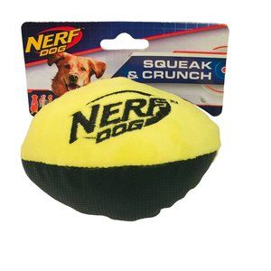 NERF DOG 5" Yellow Plush Black Textured Material Squeak Crunch Football Dog Toy